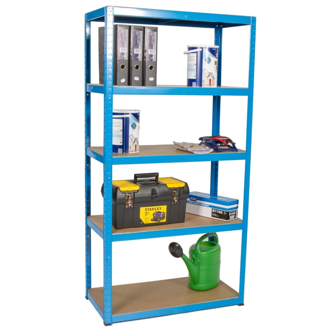 RackZone Value Shelving 1780h x 900w x 450d, blue, 5 bay, with assorted items displayed.