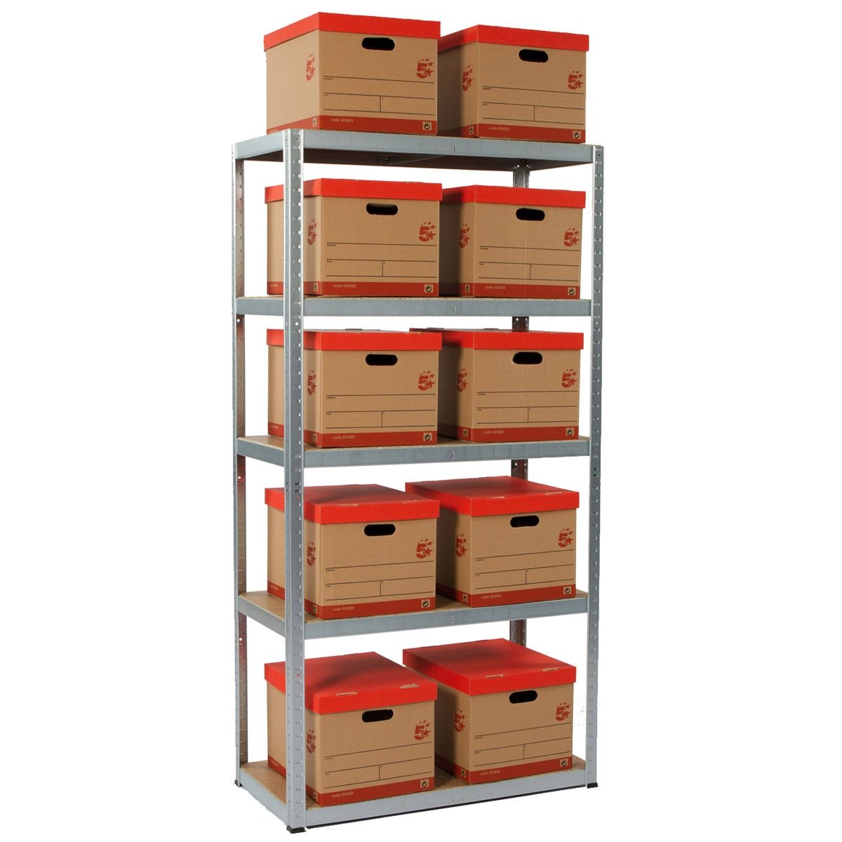 RackZone Value Shelving with 15 brown boxes & red lids, 1780h x 900w x 450d.