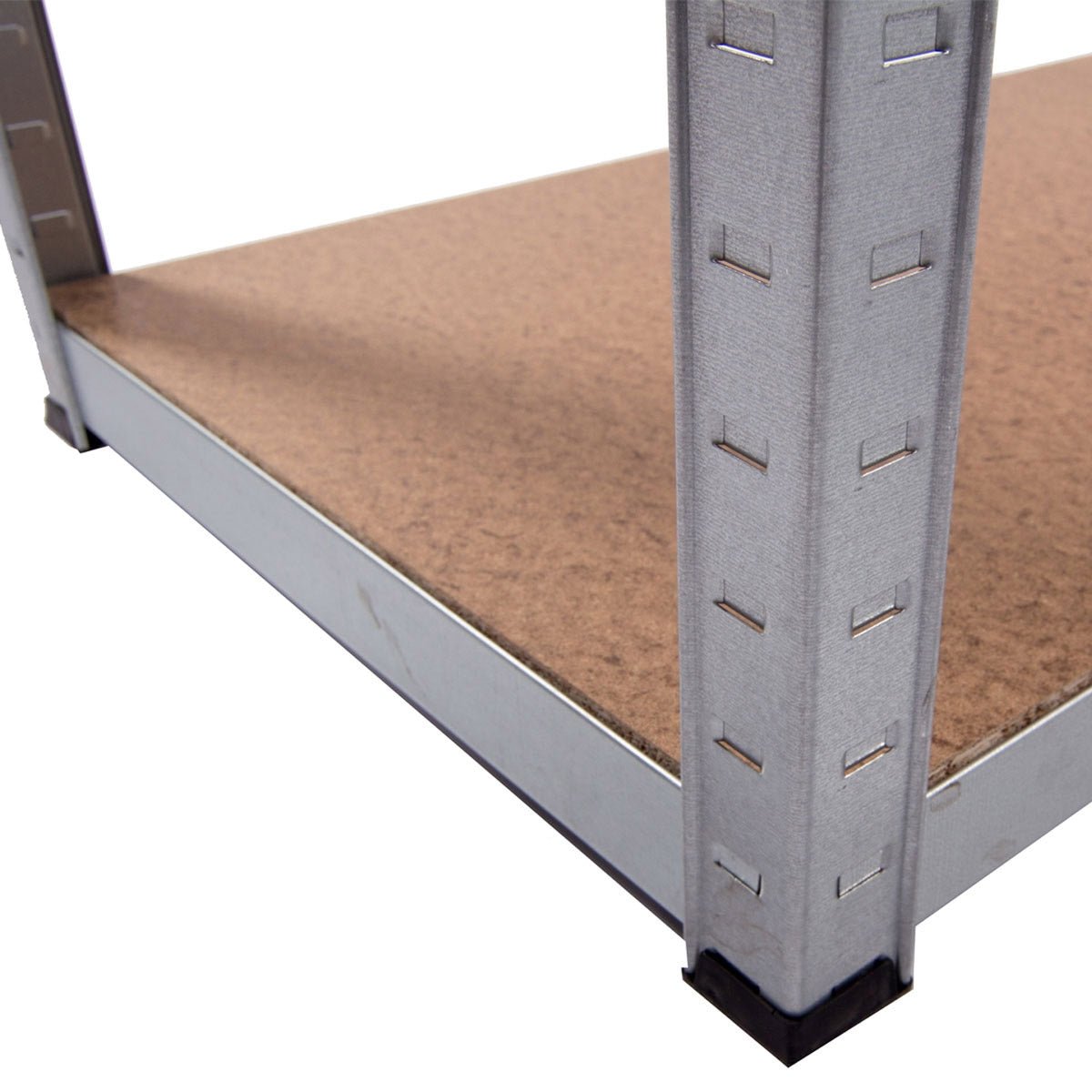 Close-up of RackZone Value Shelving 5 Bay with particle board shelf.