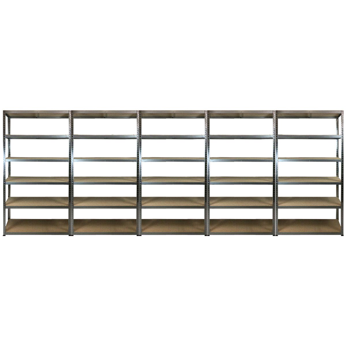 Six RackZone Value Shelving 5 Bay units, 175kg UDL, empty and aligned.