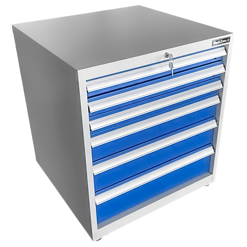 RackZone Industrial Six Drawer Cabinet with locking doors and blue drawers.