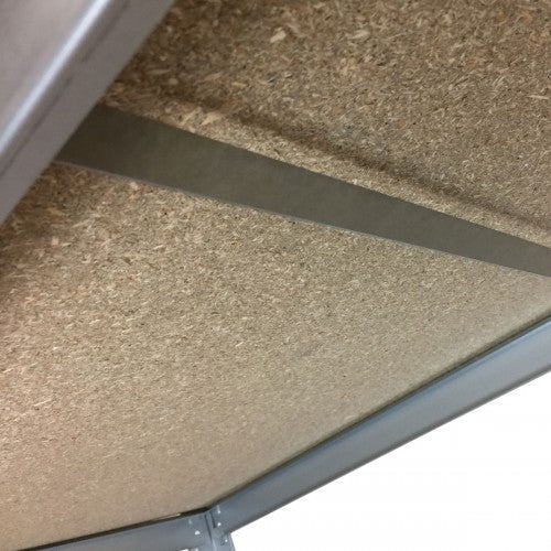 Underside of a Value Shelving by RackZone, like boltless steel support beams.