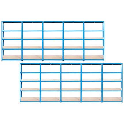 Two RackZone Value Shelving units, blue, 5 shelves each, side by side.