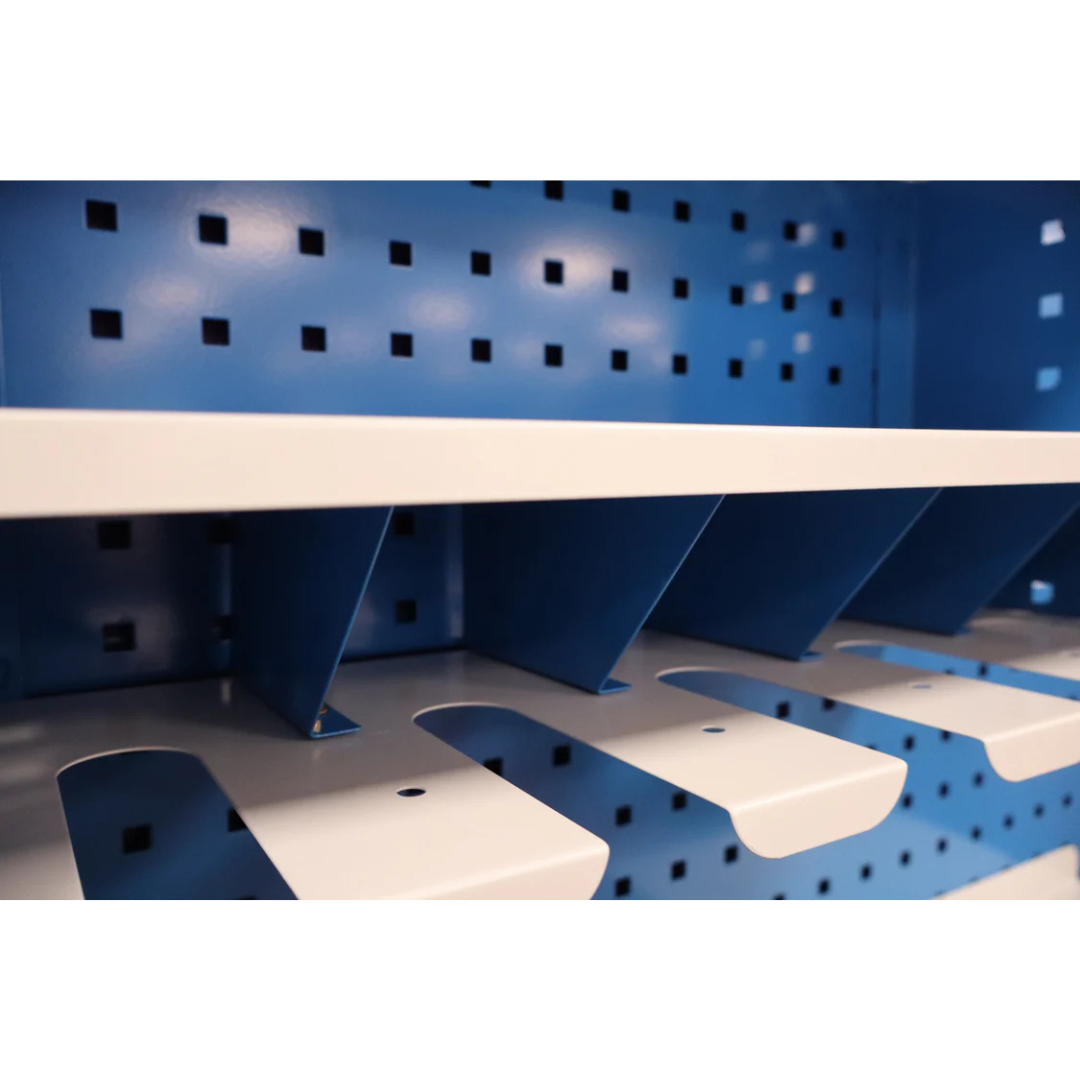 Close-up of RackZone Peg Tool Organiser, 4 Drill Shelf with white dividers.