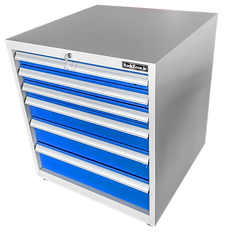 RackZone Industrial Cabinet: 6 blue drawers, top drawer lock, 800Hx710Wx700D.
