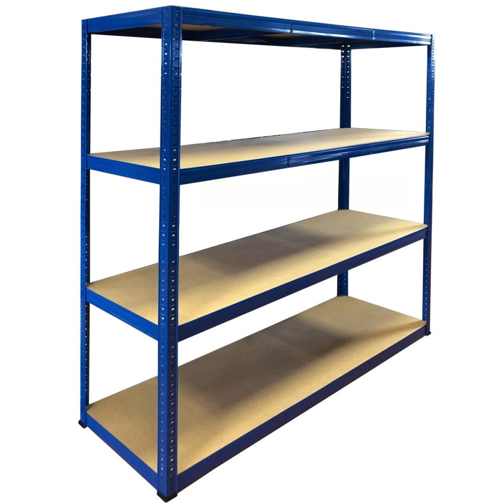 RackZone Value Shelving, 4 level, all blue, empty and freestanding, 5 bay.