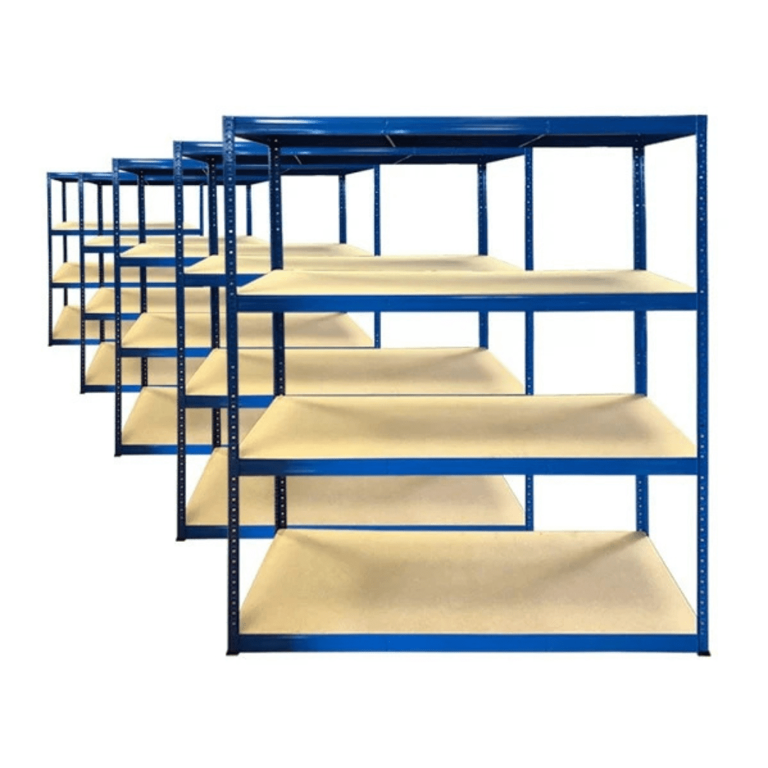 Set of five RackZone Value Shelving units, all blue, 4-level, 300kg UDL each.