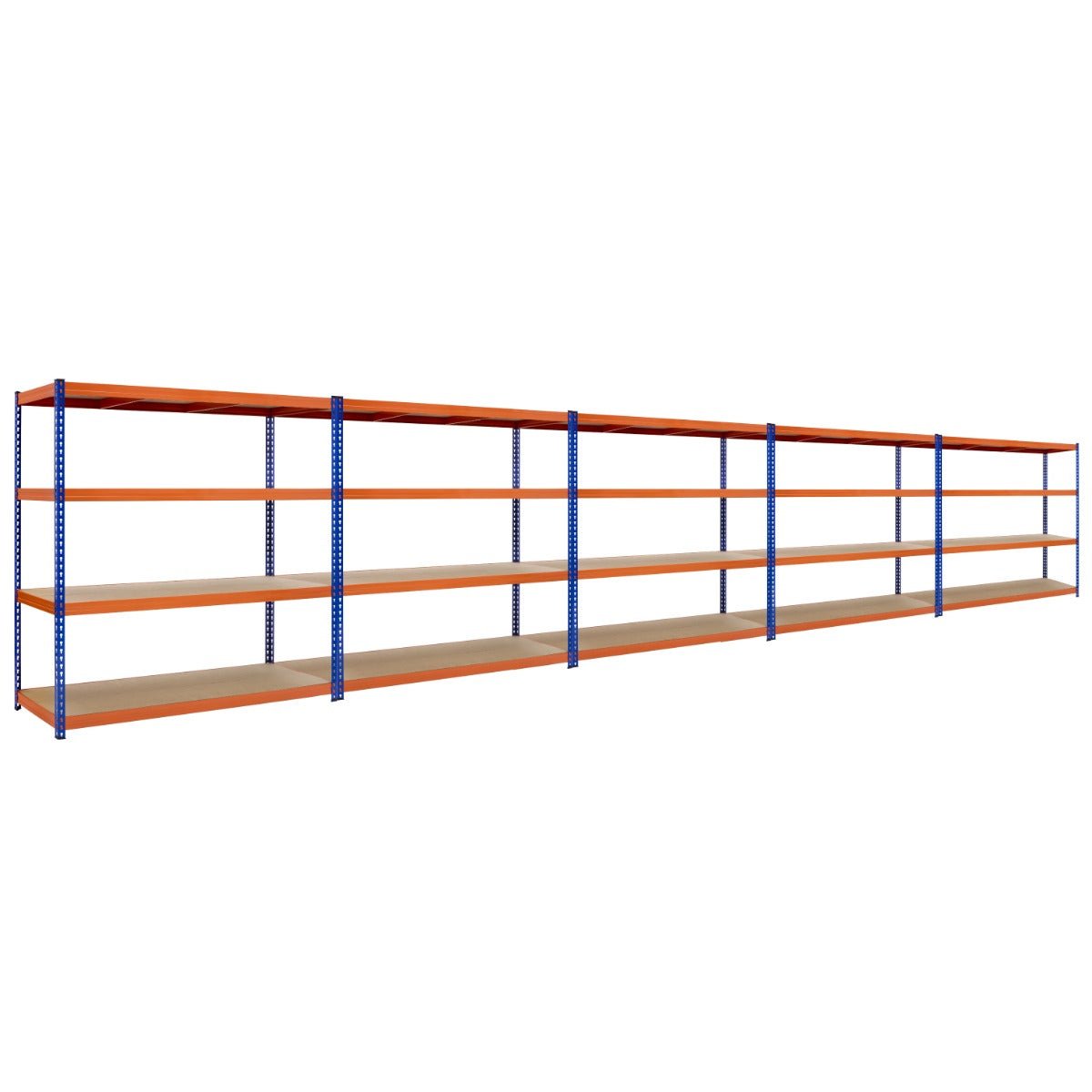 RackZone Value Shelving 1900h x1800w, 4 Levels, Orange/Blue – 5 Bay Offer.