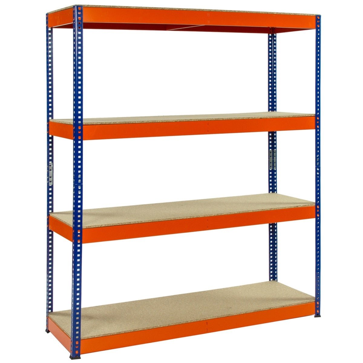 RackZone Value Shelving, 4 shelves, orange/blue, 1900h x 1800w x 600d.