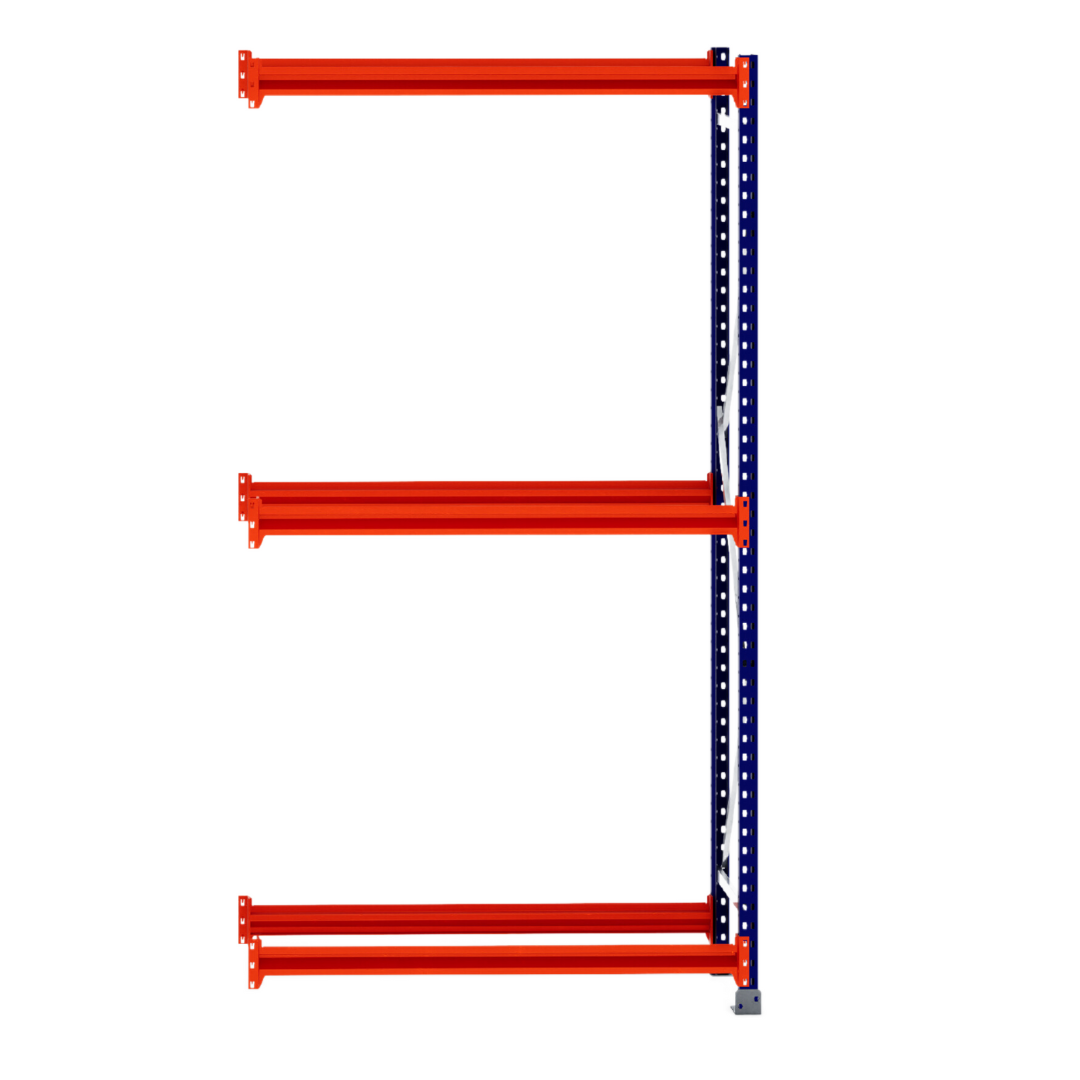 Three orange beams on a blue RackZone Tyre Racking 400mm Depth - Extender frame.