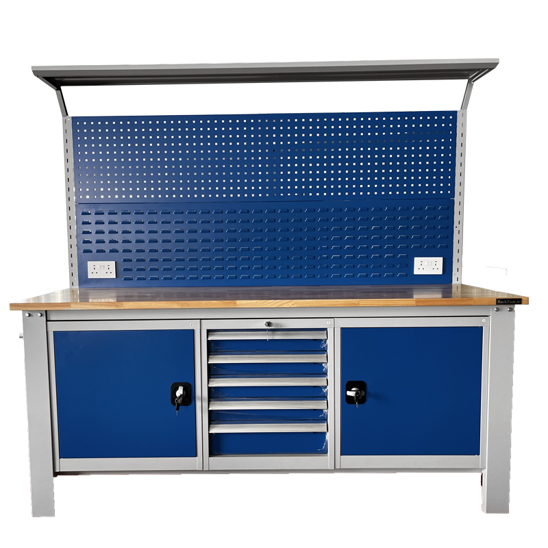 RackZone Industrial Workbench, Grey/Blue, with cabinets, drawers & pegboard.