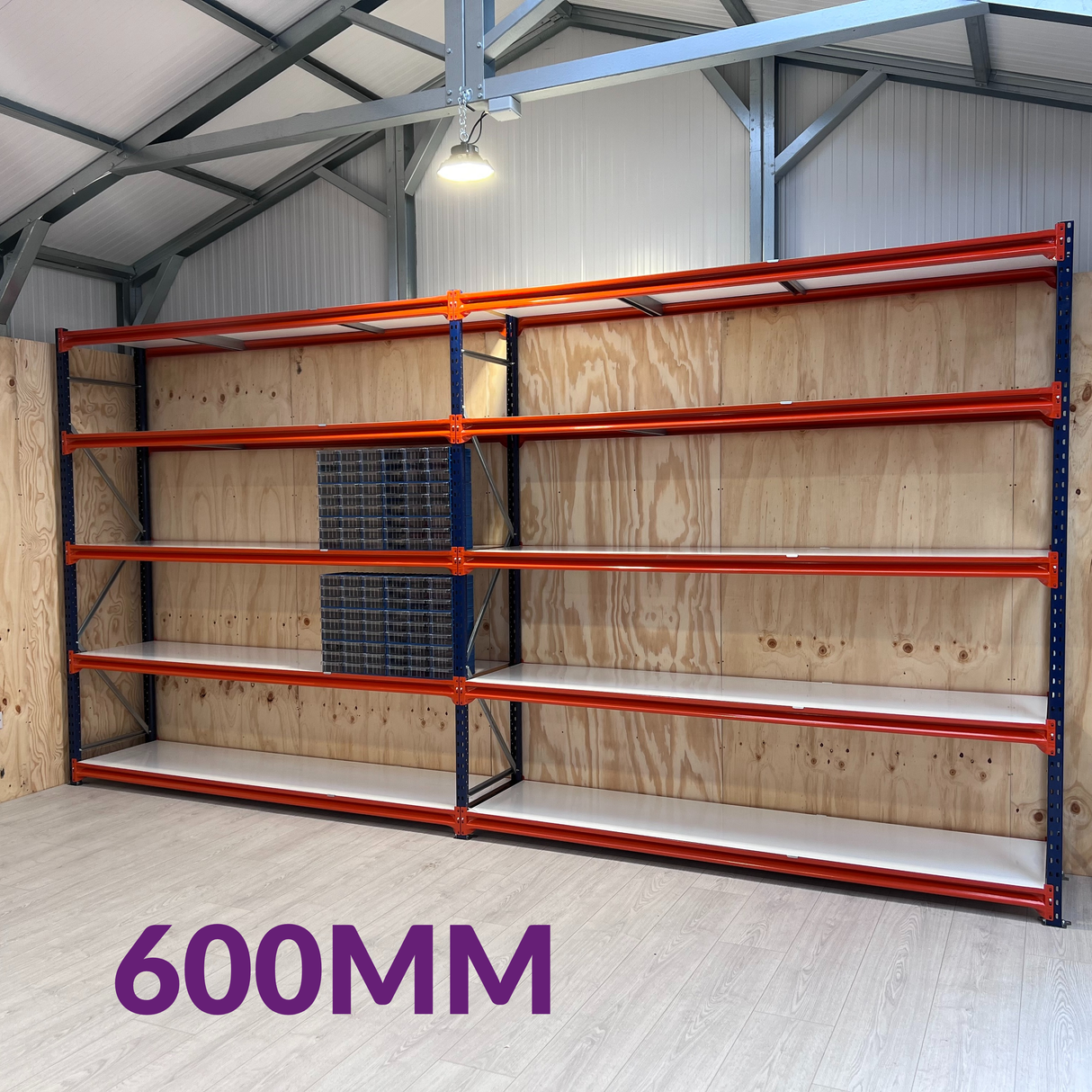RackZone Longspan Shelving 600mm Depth Laminated Timber - Starter in foreground.