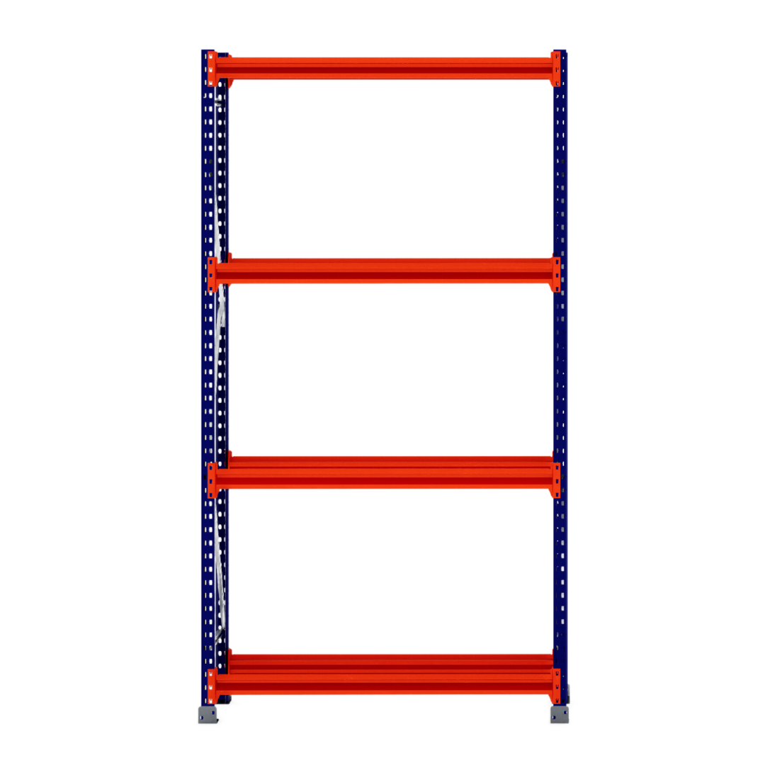 RackZone Tyre Racking Starter, 400mm deep, with 4 orange shelves and blue supports.
