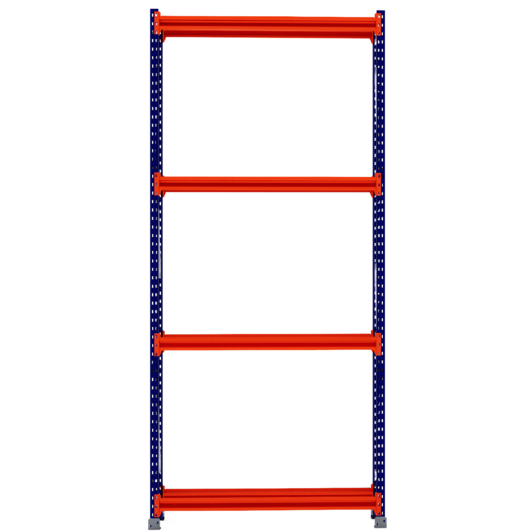 RackZone Tyre Racking 400mm Starter with 4 orange shelves, blue frame, front view.