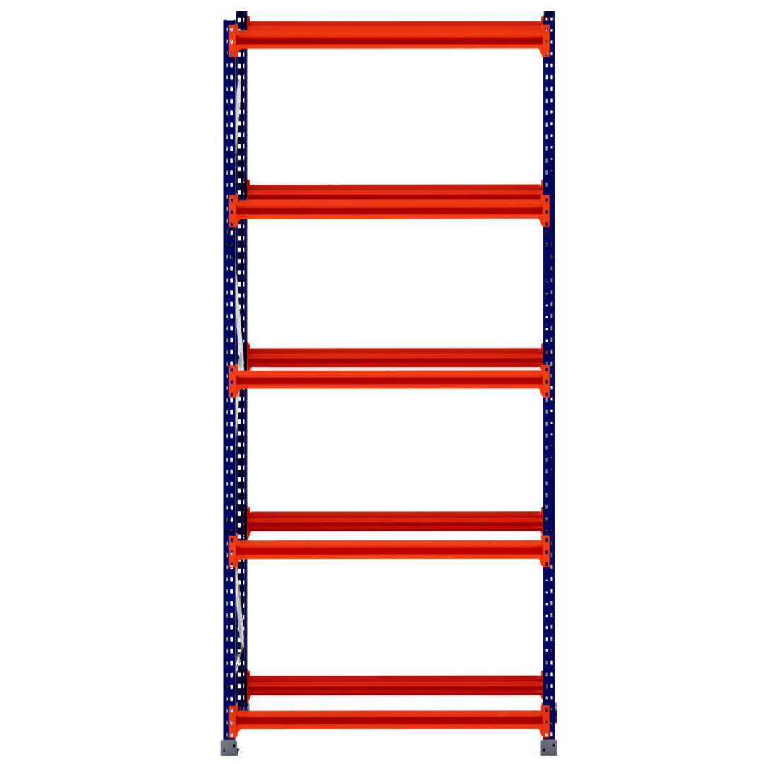 RackZone Tyre Racking 400mm Depth - Starter, five orange shelves, blue frame.