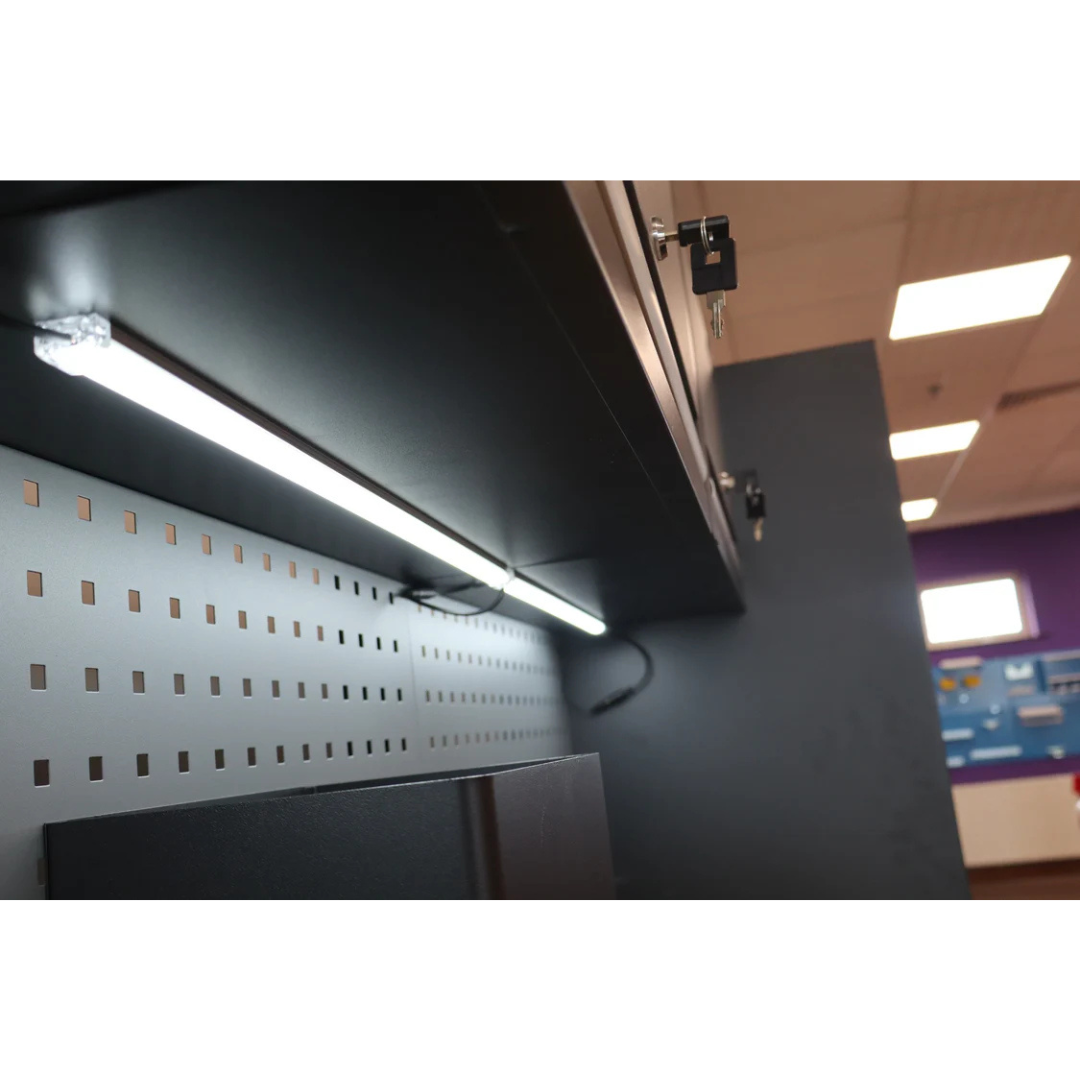 RackZone Modular Workstation LED Light Set (3-Pack) with perforated panel.