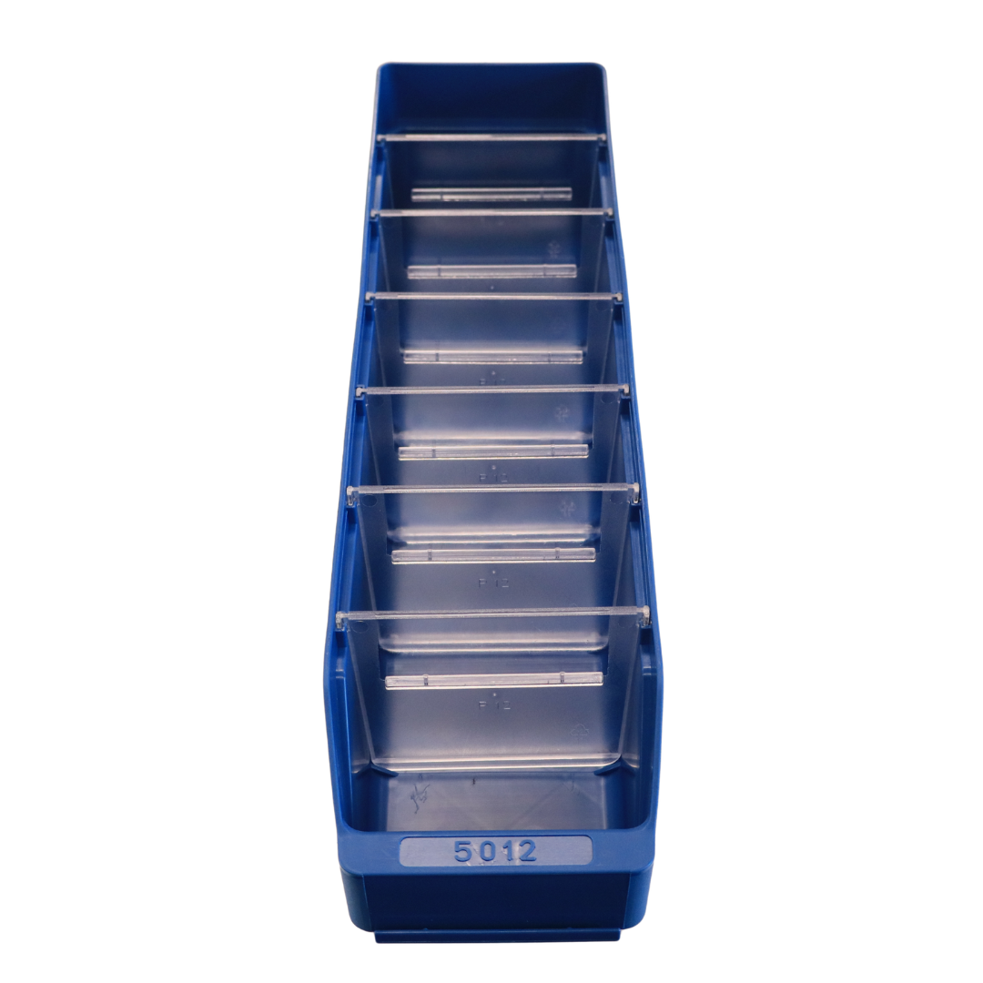 Standard Shelf Bin ST5012 by RackZone, blue with clear dividers, 500x120x95mm.