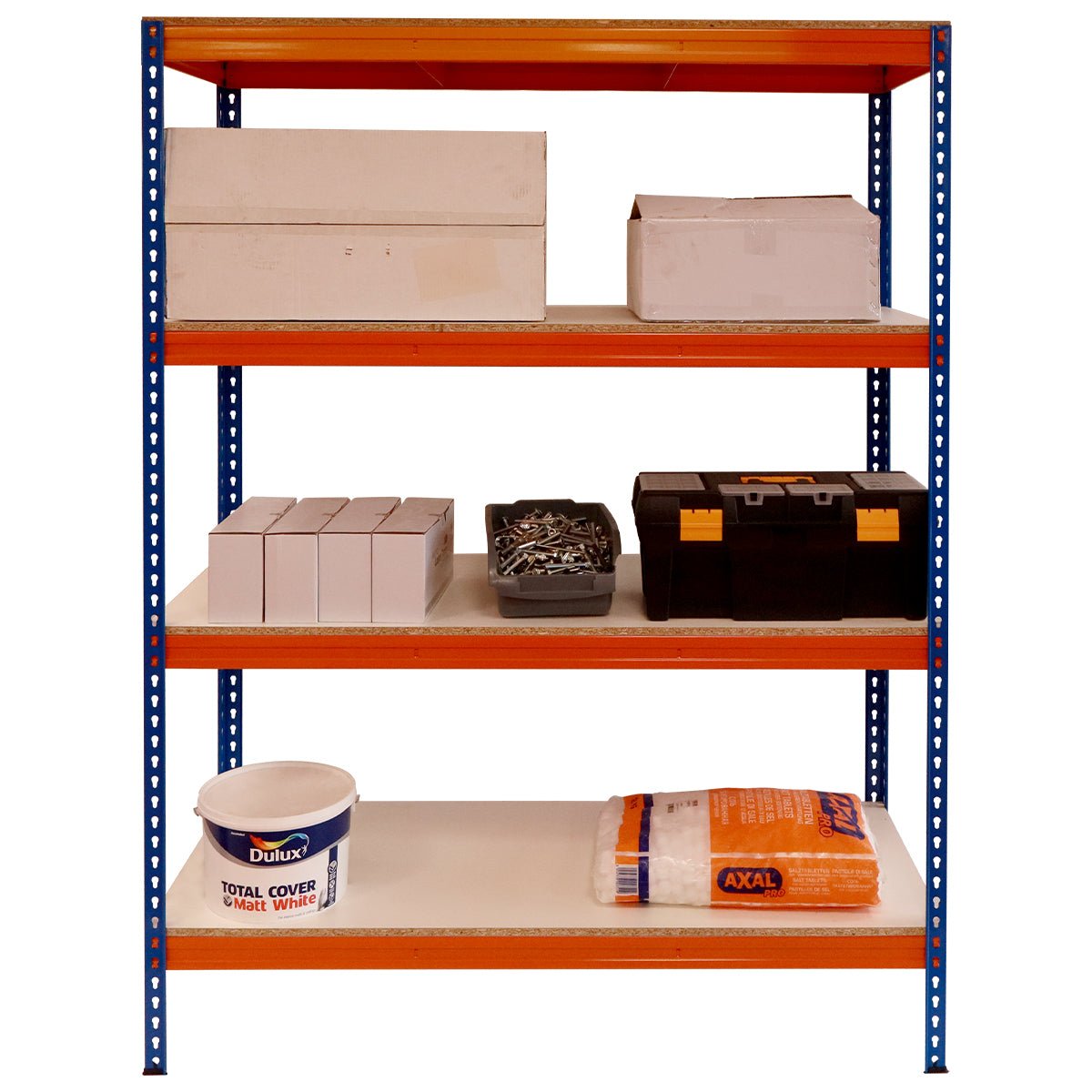 RackZone Shelving 2000h holds boxes, toolbox, paint, and building materials.