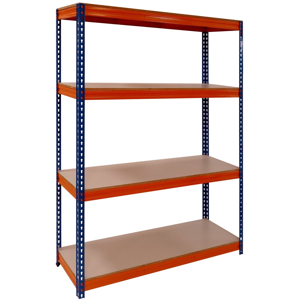 RackZone Shelving: 2000h x 1800w x 600d, orange/blue, 4 levels, 600kg/level.