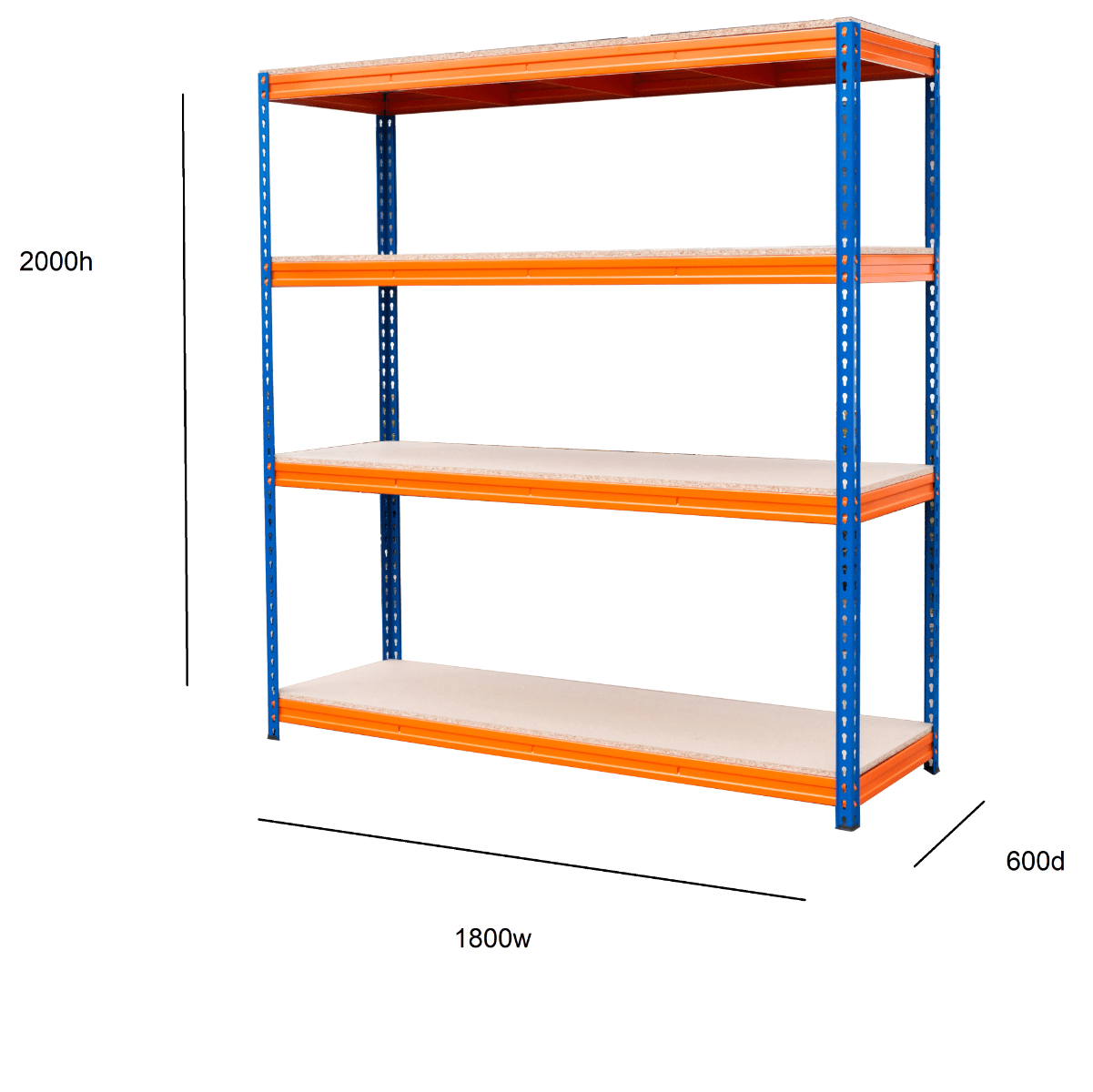RackZone Shelving, 2000h x 1800w x 600d, 600kg/level, adjustable, Orange/Blue.