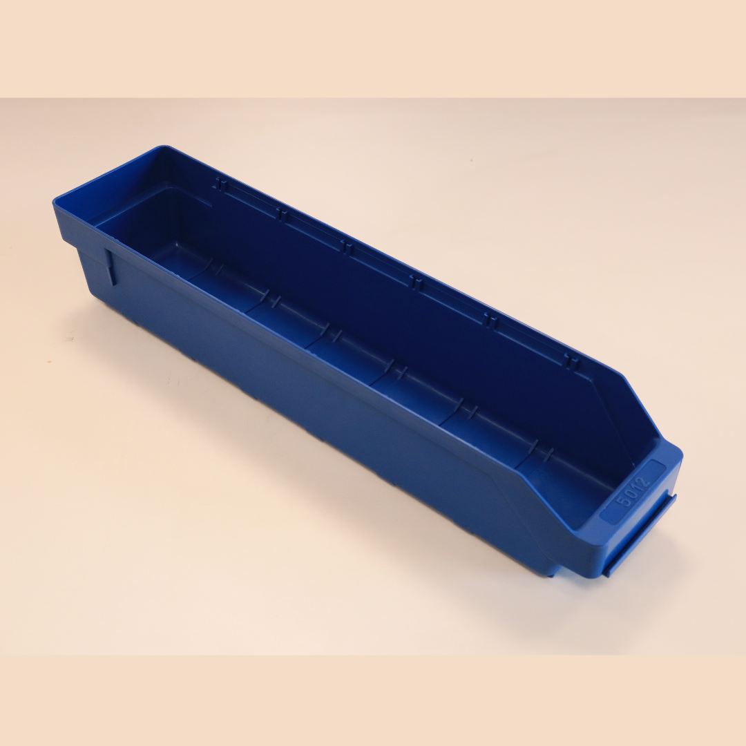 A blue RackZone Standard Shelf Bin 500d x120w x95h, viewed from an angle.