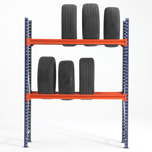 Two shelves with seven car tires on a RackZone Tyre Racking 400mm Starter.