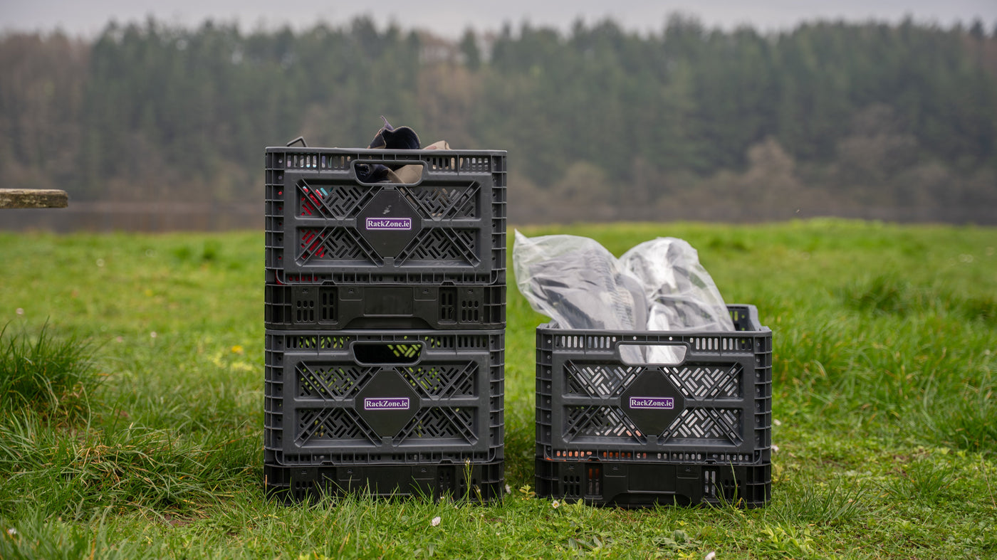 Foldable crate being use to store camping items, supplied by RackZone.ie