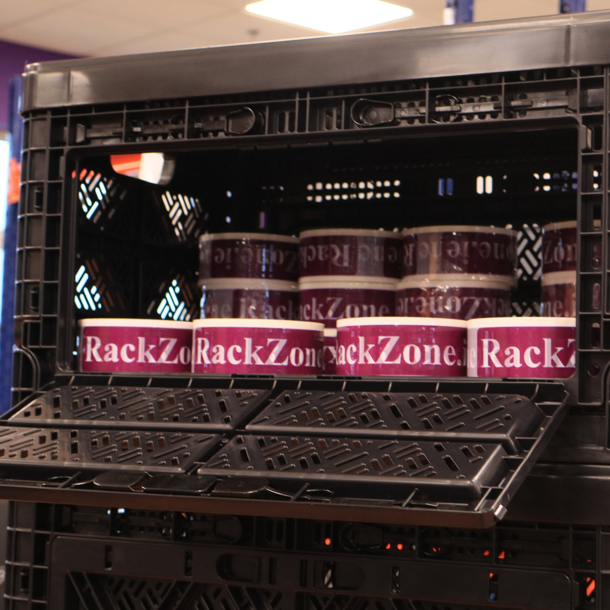 RackZone 48L Foldable Picking Crate Dolly w/ handle holds tape rolls on shelf.