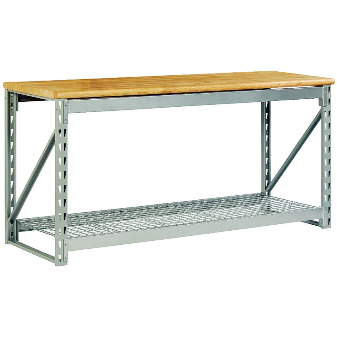Industrial Workbench 1830w x 600d x 910h 2 Levels c/w Wire Decking + Timber Top
