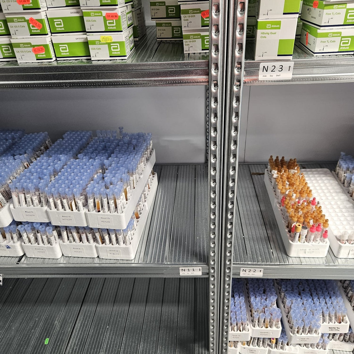 RackZone Galvanised Shelving 600mm Extender holds test tubes in organized racks.