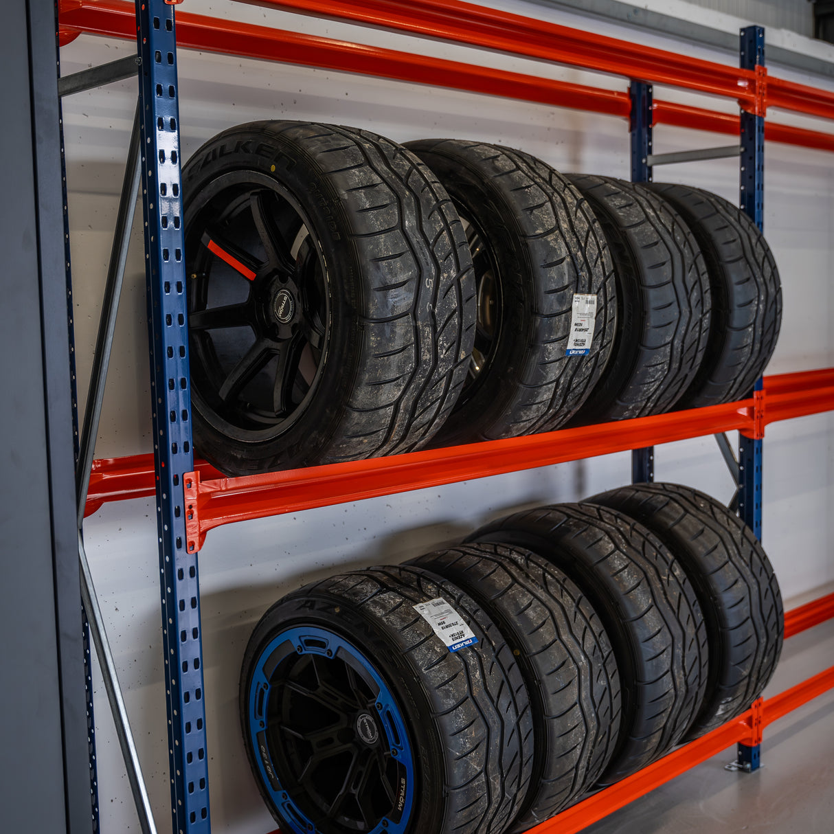 RackZone Tyre Racking 400mm Depth - Extender holds racing tires on shelves.