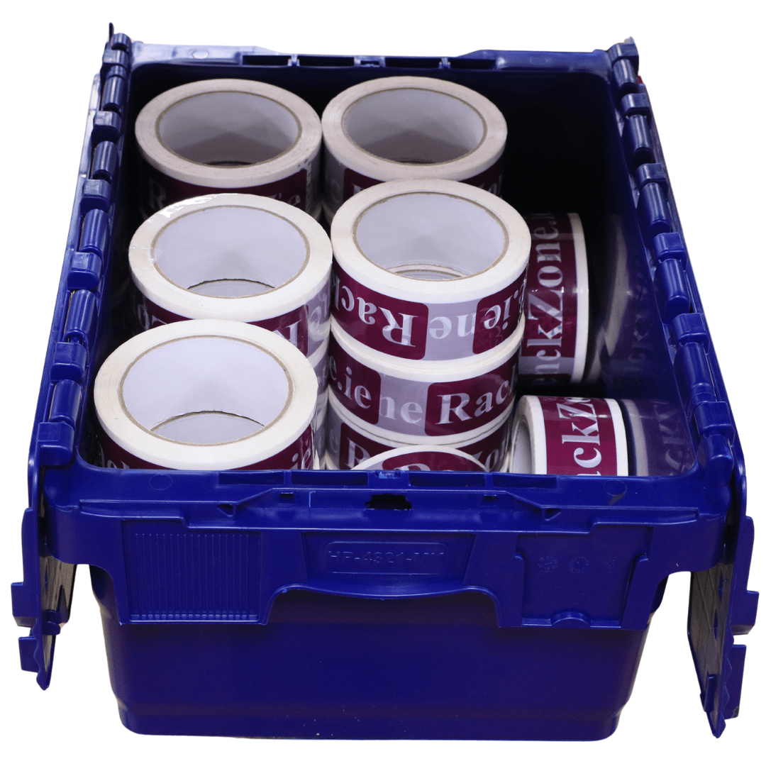 RackZone 24L blue attached lid container with branded packing tape rolls.