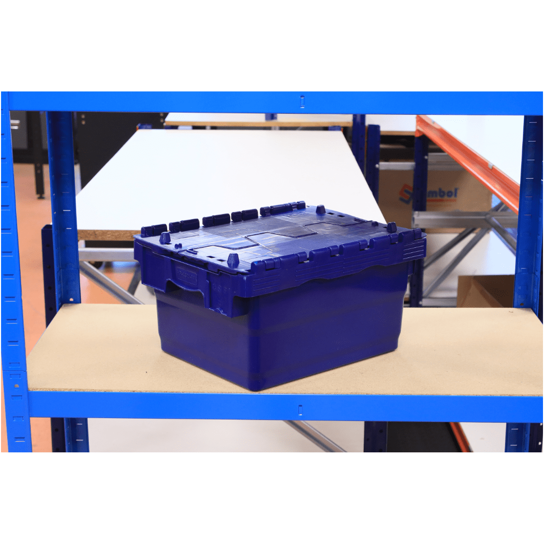 A RackZone 24L blue attached lid container sits on a shelf in a warehouse.