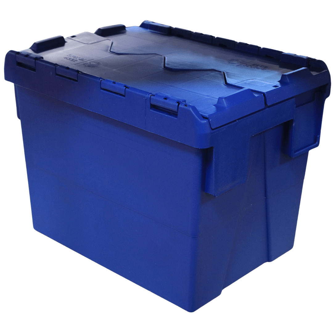 RackZone Attached Lid Containers 27L, blue, 400d x 300w x 320h storage tote.