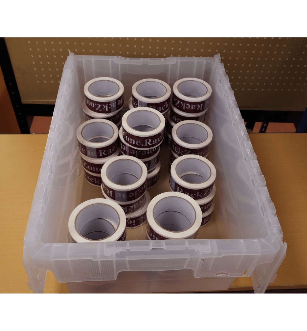 RackZone 44L transparent ALC holds packing tape rolls on a table.