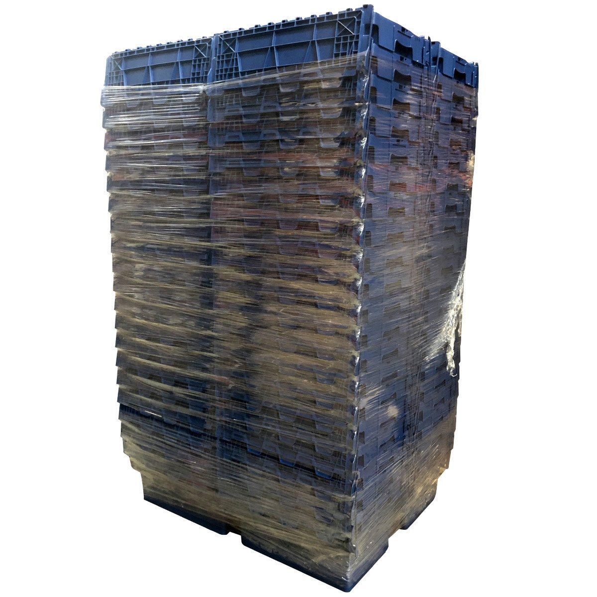 Pallet Deal: 39 x 58L Blue Attached Lid Containers by RackZone, shrink-wrapped.
