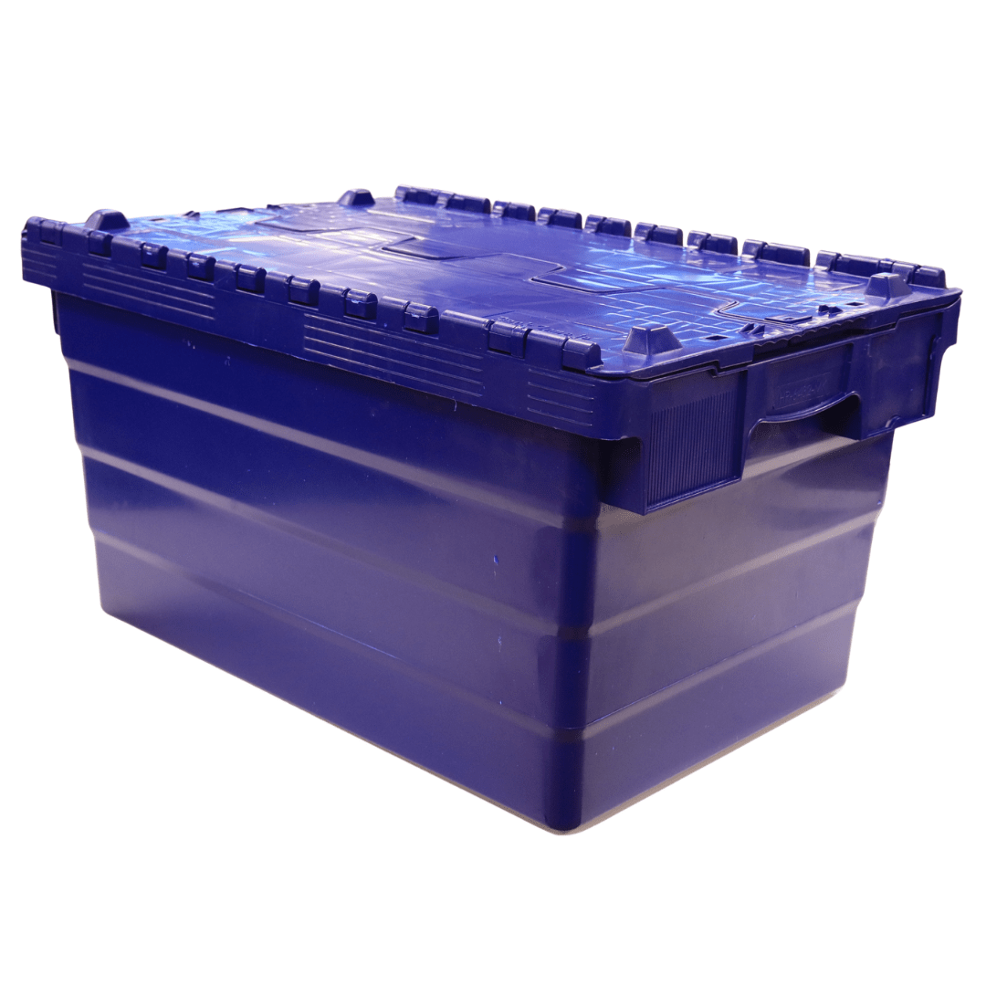 RackZone 58L blue attached lid container, 600x400x320mm durable storage.