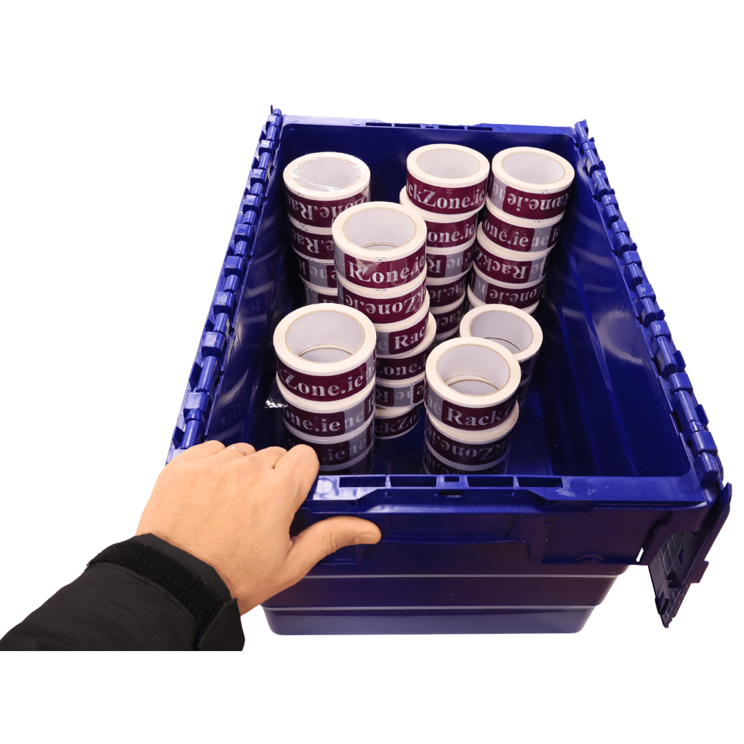 A hand holds a RackZone 58L blue Attached Lid Container filled with tape rolls.