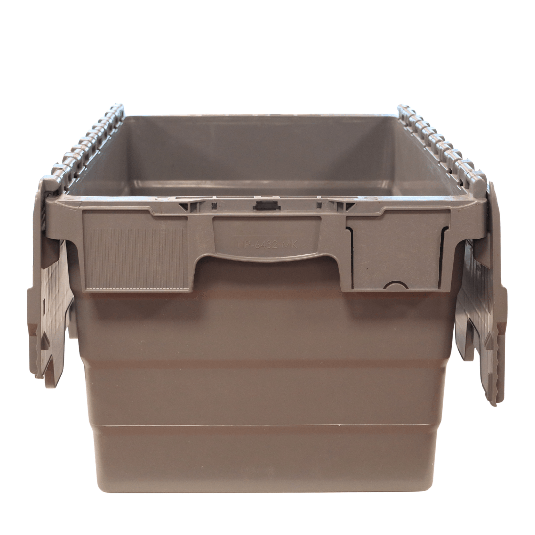 RackZone Attached Lid Container 58L, grey, stackable, hinged lids on both sides.