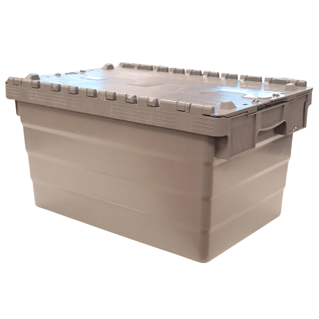 RackZone 58L Attached Lid Containers, grey, stackable with side handles.
