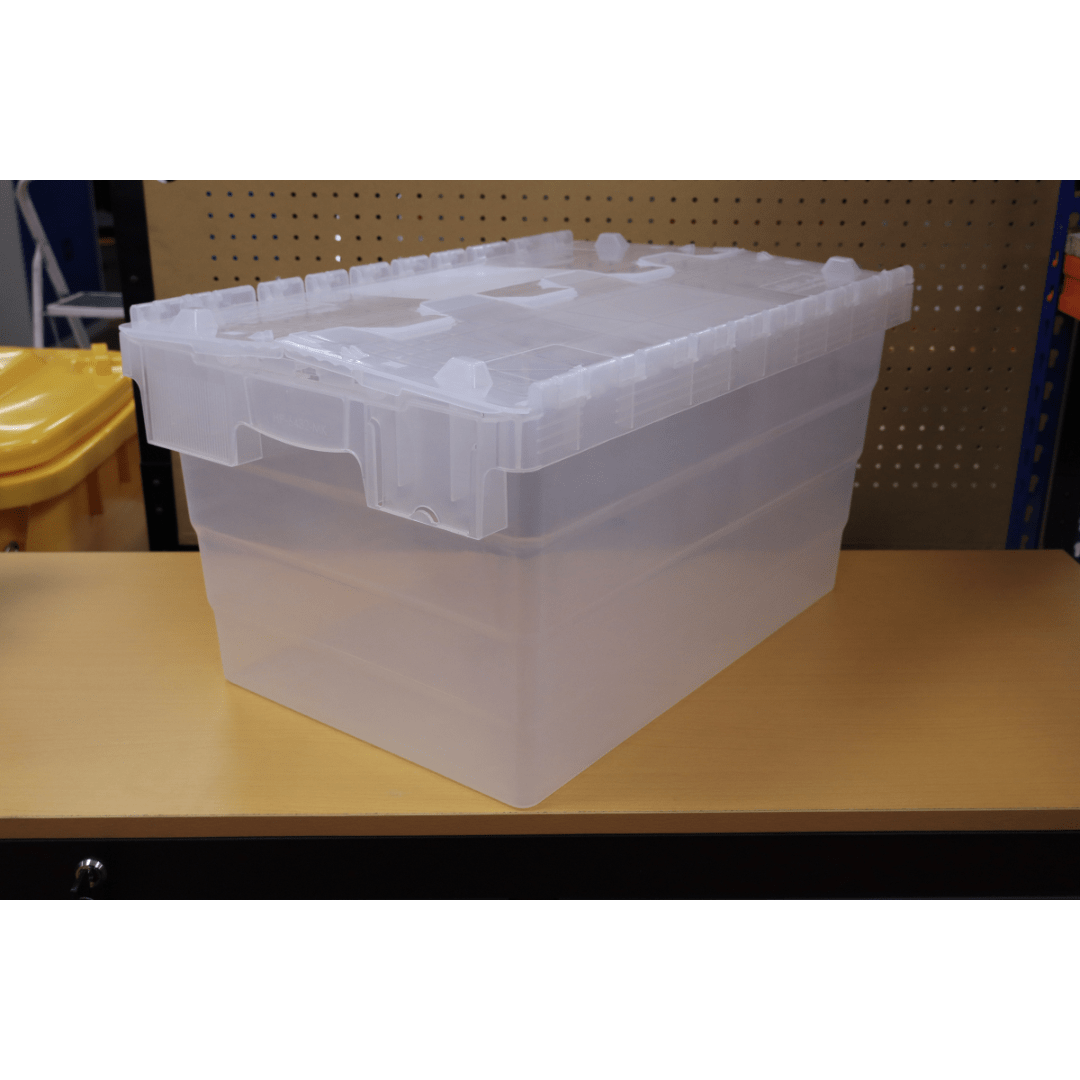 A RackZone 58L Attached Lid Container sits on a wooden surface for storage.