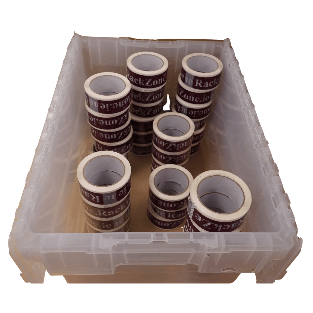 A RackZone 58L Transparent Attached Lid Container with brown packing tape inside.