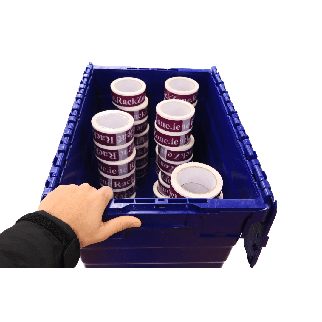 A hand holds a RackZone 66L blue Attached Lid Container filled with tape rolls.