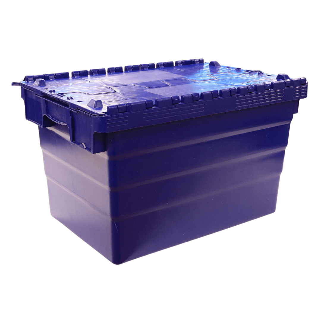RackZone 66L blue attached lid container, stackable, 600x400x365mm.
