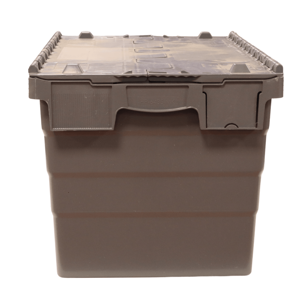 A grey RackZone Attached Lid Container 66L, 600x400x365mm, front view.