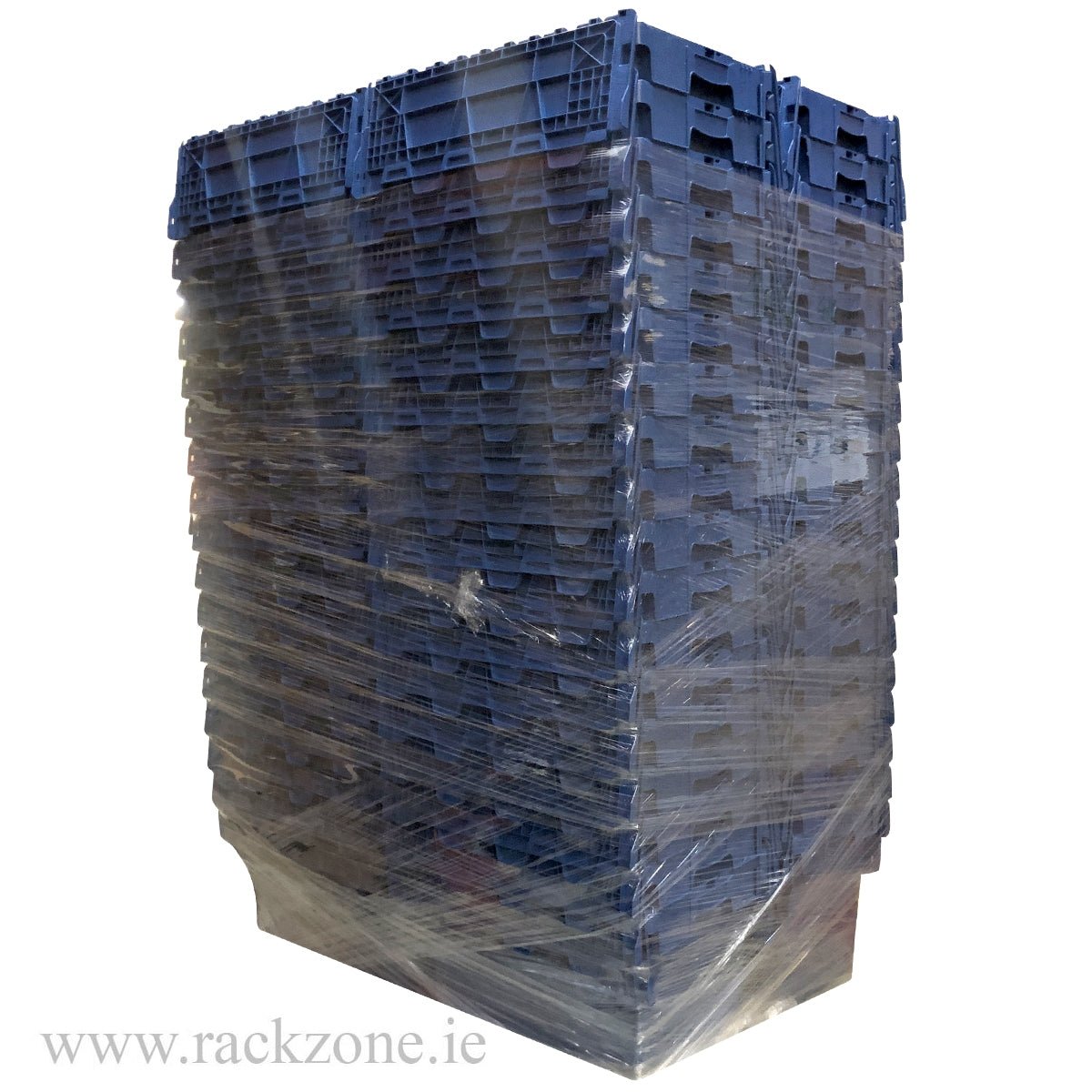 RackZone Pallet Deal: 72 x 75L Blue Attached Lid Containers wrapped for shipping.