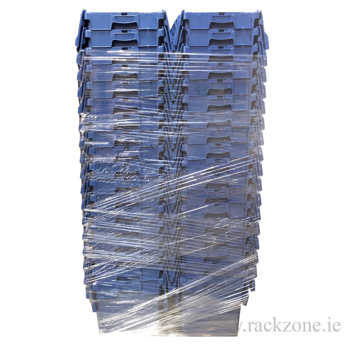 Pallet of 72 RackZone 75L blue attached lid containers, wrapped in clear film.