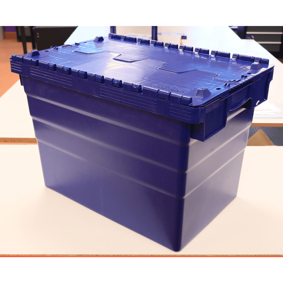 A RackZone 75L blue attached lid container sits on a white surface.