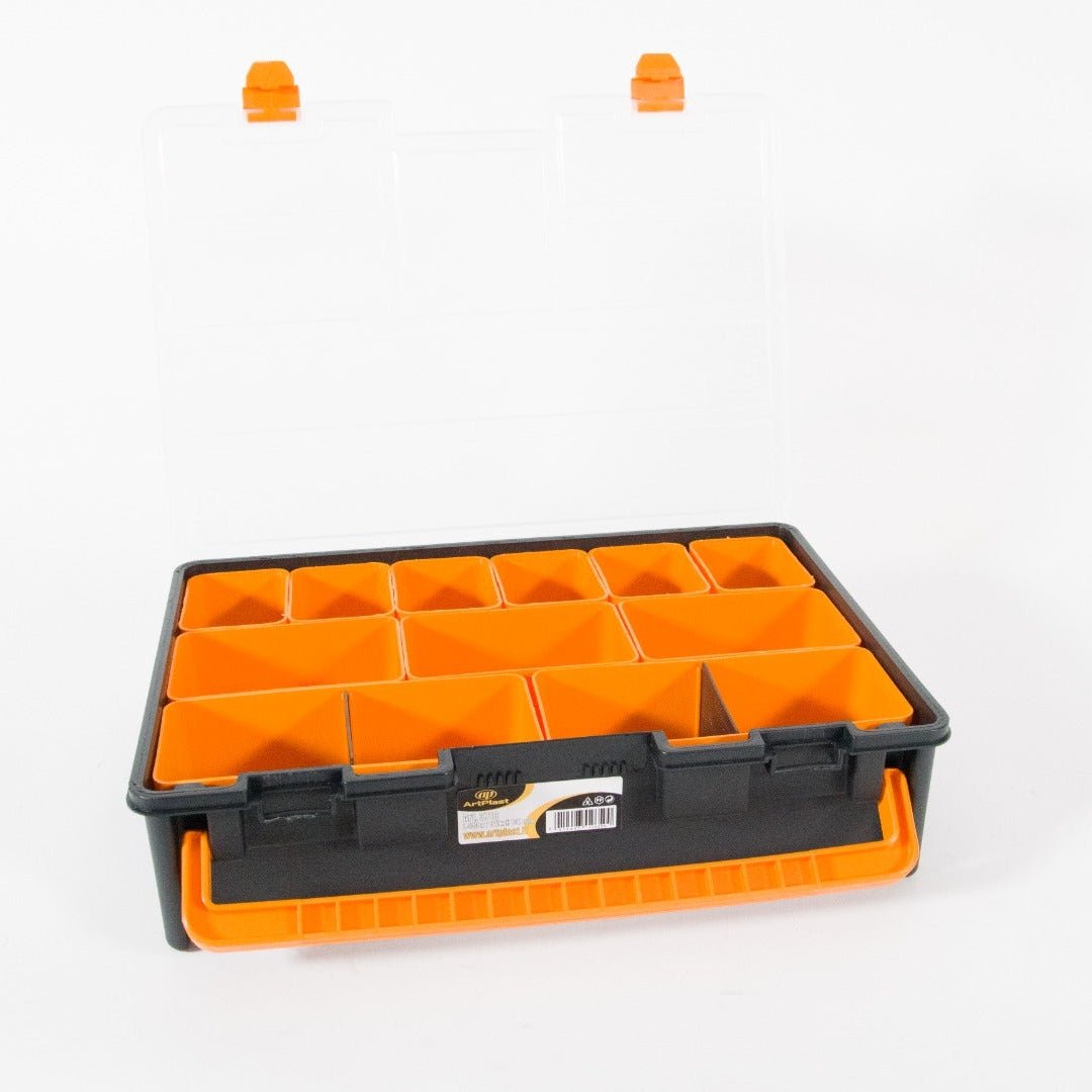 RackZone Small Parts Assortment Box, 13 compartments, clear lid, open.