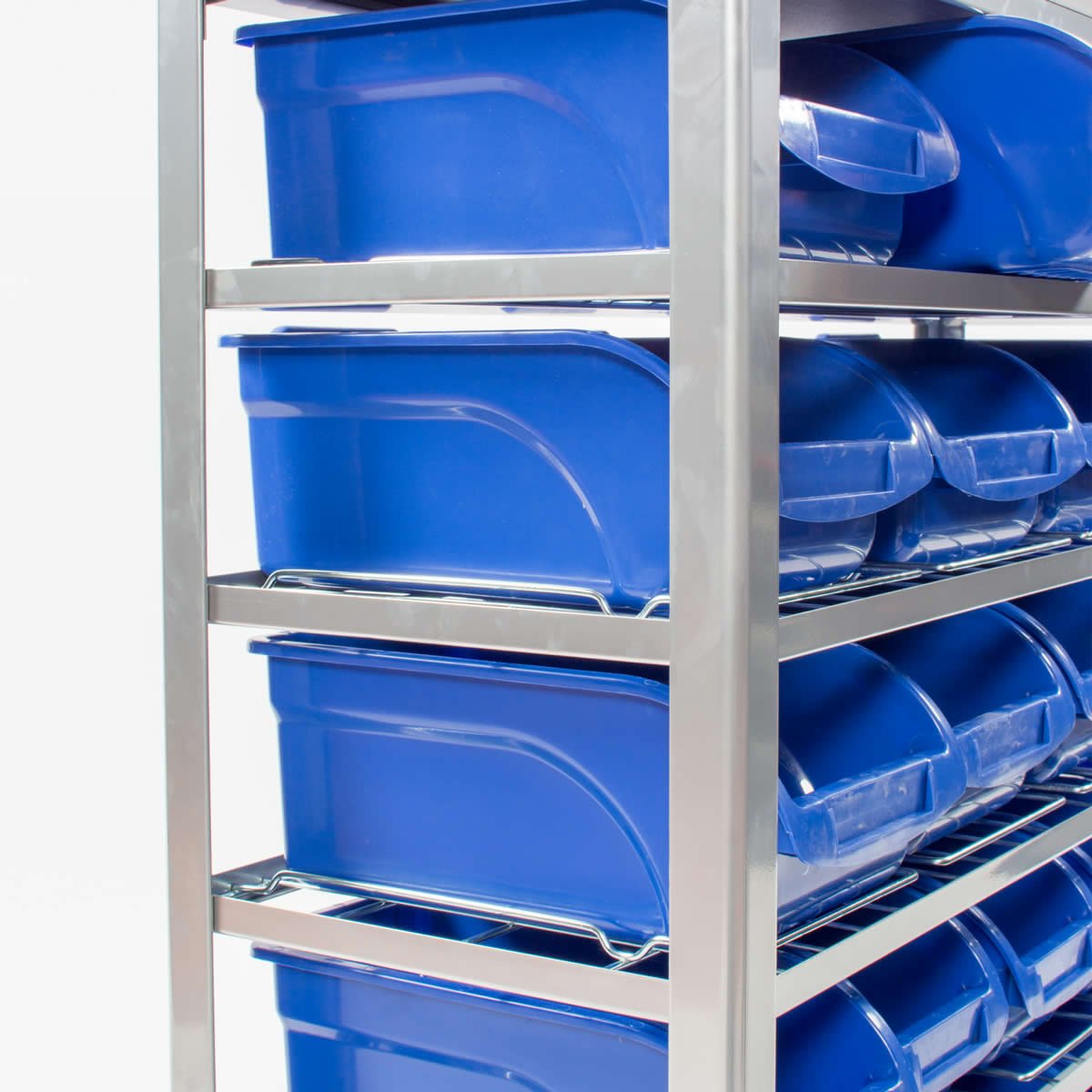 RackZone Bin Rack with 22 blue bins, 1130h x 1015w x 390d static shelving.